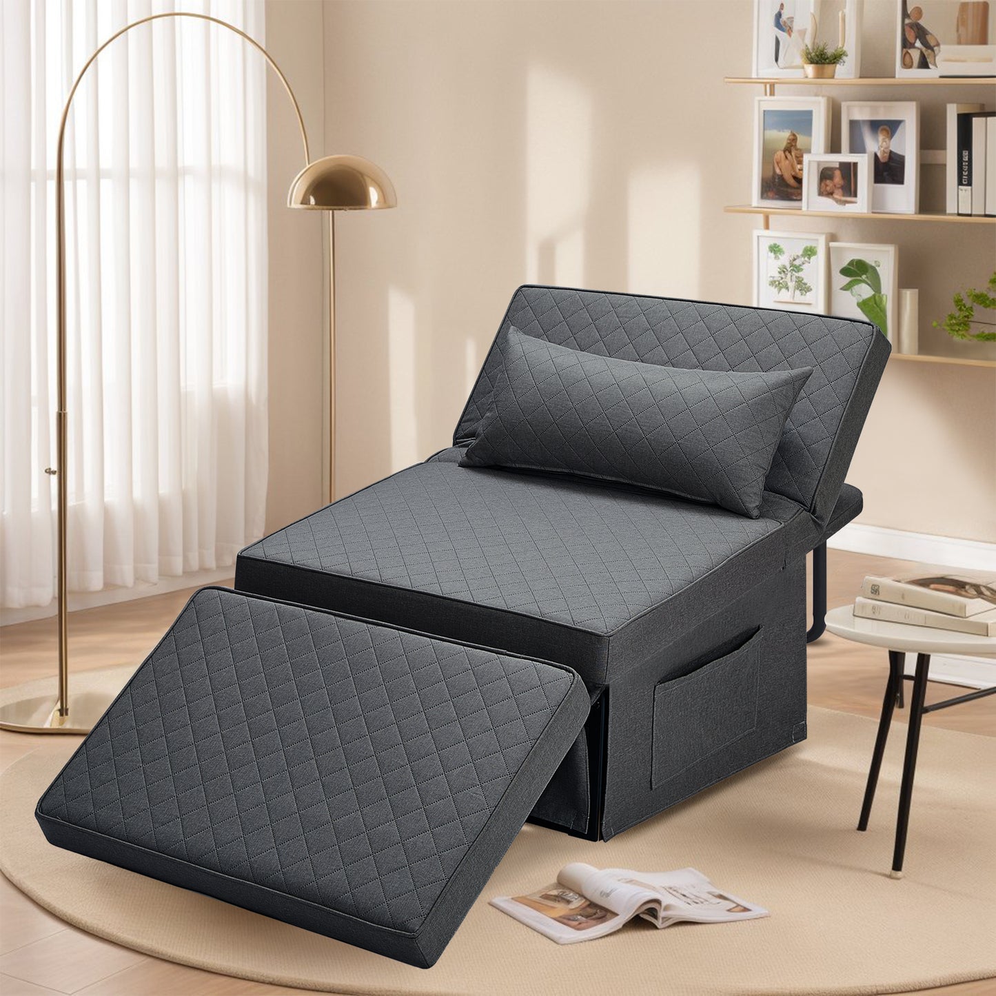 Convertible Chair, Ottoman Bed, 4 in 1 Multi-Function Folding Ottoman, Sofa Bed, Couch Bed with Adjustable Backrest, Sofa Bed Couch for Living Room Apartment Office, Imitation Flannel, Grey