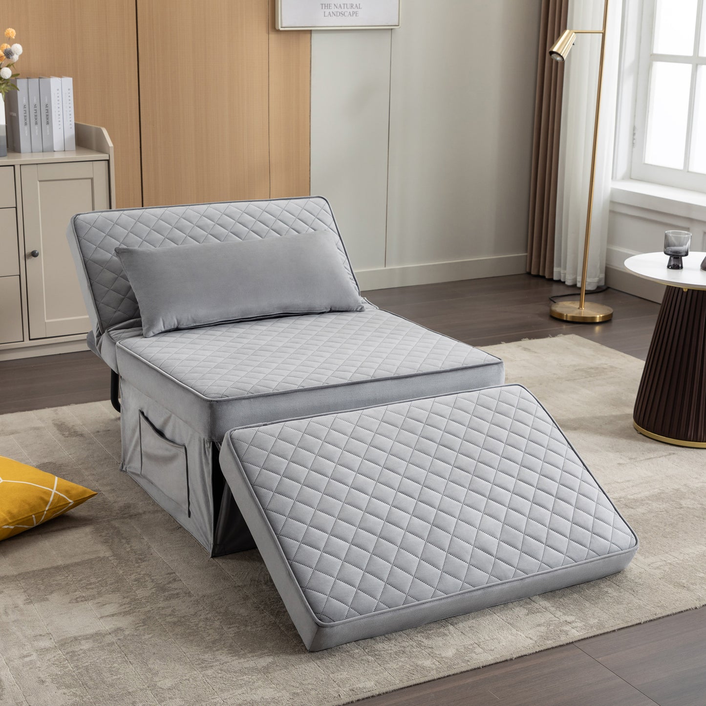 Convertible Chair, Ottoman Bed, 4 in 1 Multi-Function Folding Ottoman, Sofa Bed, Couch Bed with Adjustable Backrest, Sofa Bed Couch for Living Room Apartment Office, Imitation Flannel, Grey