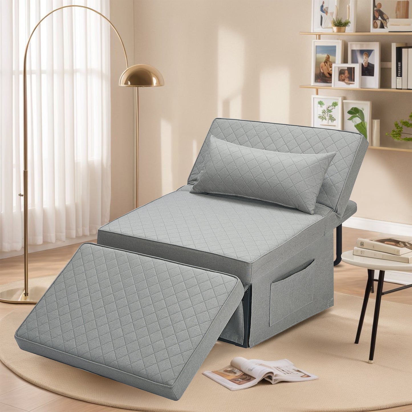 Convertible Chair, Ottoman Bed, 4 in 1 Multi-Function Folding Ottoman, Sofa Bed, Couch Bed with Adjustable Backrest, Sofa Bed Couch for Living Room Apartment Office, Imitation Flannel, Grey